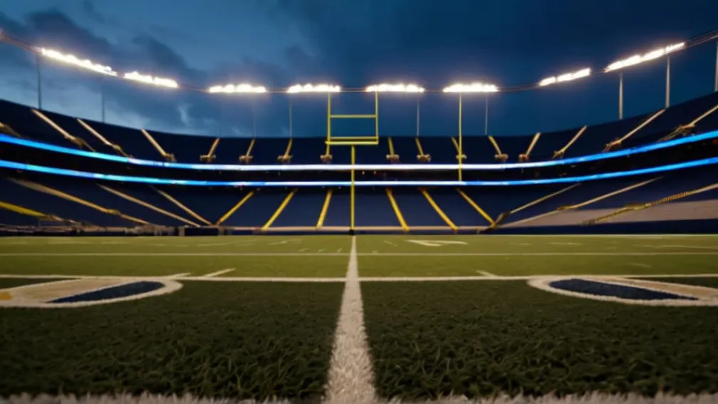 Фотореалістичне зображення порожнього стадіону для американського футболу на заході сонця