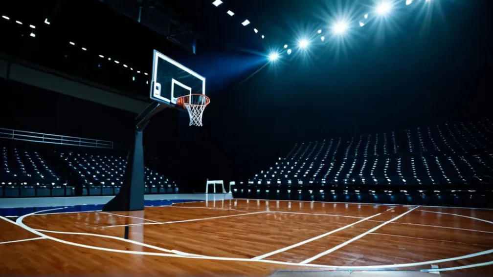 Порожній баскетбольний майданчик під час гри, фокус на сітці та м'ячі в русі, динамічне освітлення, без видимих гравців або облич, яскраві кольори, кінематографічне освітлення, 8k, гіперреалізм.