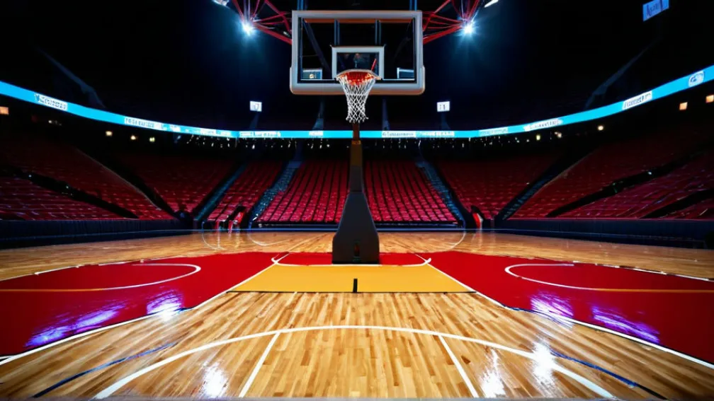 Порожній баскетбольний майданчик, яскраві вогні стадіону, текстура паркету, сітка, кільце, ширококутний кадр, кінематографічне освітлення, 8k, гіперреалістичний