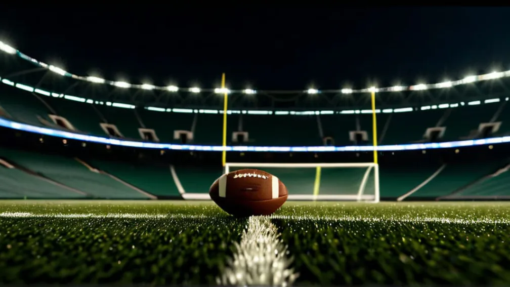 Фотореалістичне зображення футбольного поля під стадіонними вогнями вночі, з одним футбольним м'ячем на траві. Кінематографічне освітлення, 8k, гіперреалістичне.