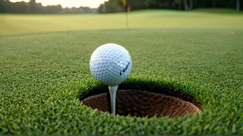 Закритий вигляд ідеально доглянутого поля для гольфу з м'ячем біля лунки, ранній ранок, роса на траві, кінематографічне освітлення, 8k, гіперреалізм.