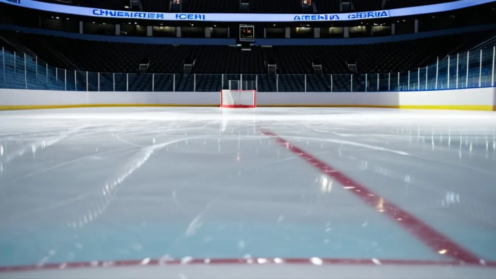 Фотореалістичне зображення порожньої хокейної ковзанки, крупний план бездоганної крижаної поверхні з ледь помітними відблисками освітлення арени.