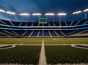 Фотореалістичне зображення порожнього стадіону для американського футболу на заході сонця