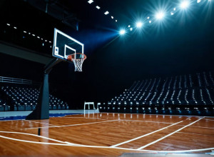 Порожній баскетбольний майданчик під час гри, фокус на сітці та м'ячі в русі, динамічне освітлення, без видимих гравців або облич, яскраві кольори, кінематографічне освітлення, 8k, гіперреалізм.