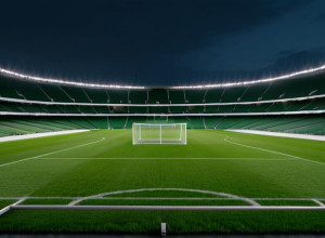 Фотореалістичне зображення великого, порожнього спортивного стадіону в сутінках