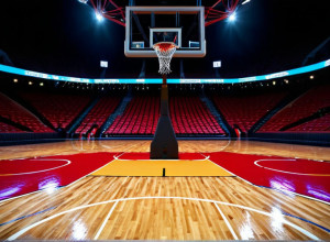 Порожній баскетбольний майданчик, яскраві вогні стадіону, текстура паркету, сітка, кільце, ширококутний кадр, кінематографічне освітлення, 8k, гіперреалістичний