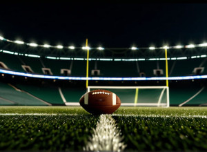 Фотореалістичне зображення футбольного поля під стадіонними вогнями вночі, з одним футбольним м'ячем на траві. Кінематографічне освітлення, 8k, гіперреалістичне.