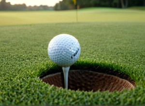 Закритий вигляд ідеально доглянутого поля для гольфу з м'ячем біля лунки, ранній ранок, роса на траві, кінематографічне освітлення, 8k, гіперреалізм.