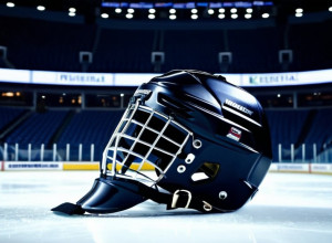 Крупний план хокейного шолома на льоду порожньої арени з драматичним стадіонним освітленням, 8k, гіперреалістичний, кінематографічне освітлення.